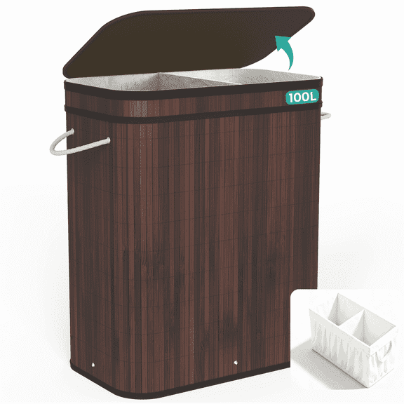 MEHOOM 100L Bamboo Laundry Hamper with Lid, Foldable Clothes Basket for Bedroom, Laundry Room, Small Spaces (Brown)