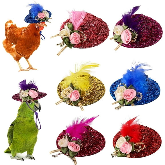 6PCS Chicken Hats for Hens Tiny Pets Funny Chicken Accessories Feather Top Hat with Adjustable Elastic Chin Strap Rooster Duck Parrot Poultry Stylish Show Costum