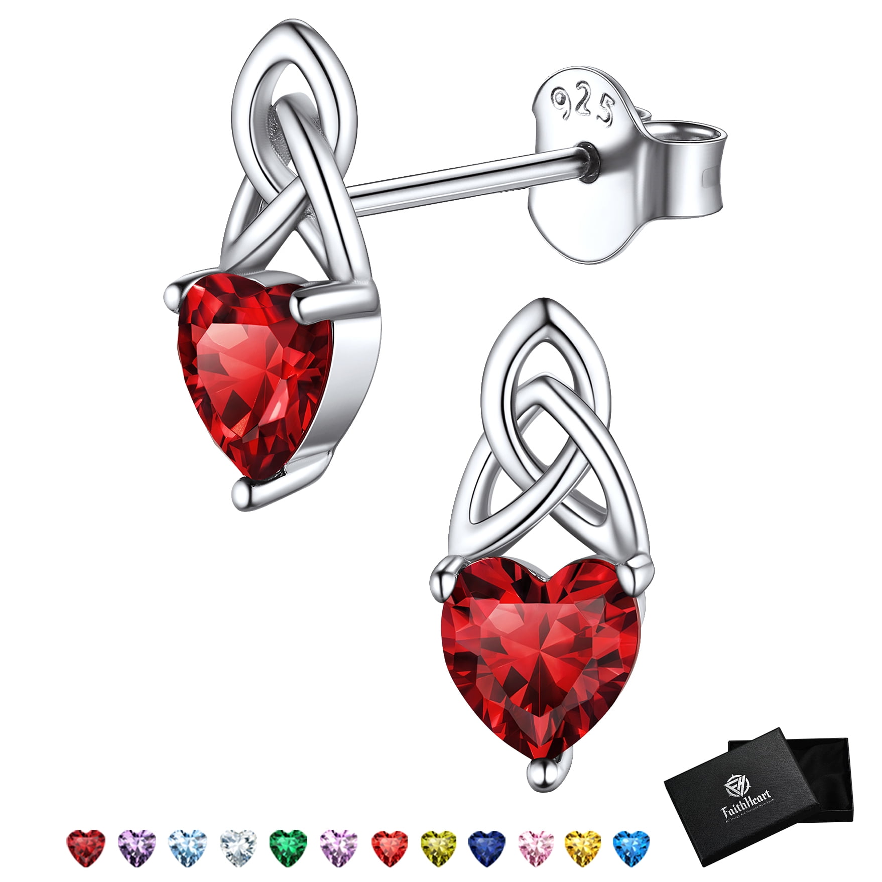 FaithHeart January Birthstone Heart Stud Earrings for Women 925 Sterling Silver Celtic Knot Earrings Hypoallergenic Girlfriend Birthday Jewelry with Gift Box