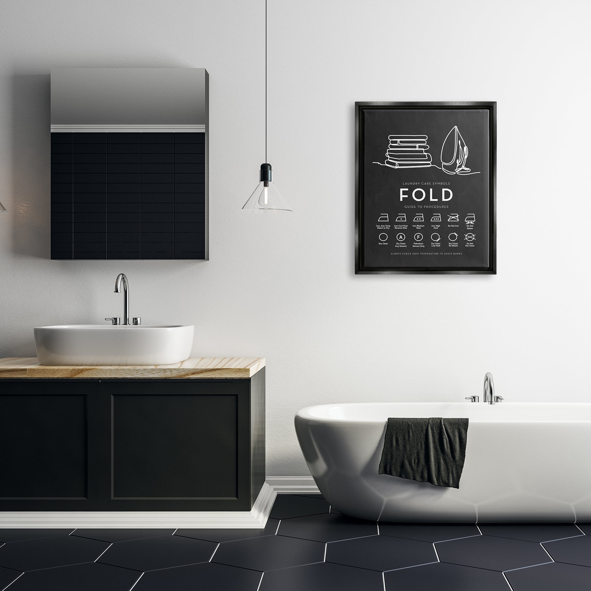 Stupell Industries Laundry Diagram Symbols Chart Ironing Folding Guide Graphic Art Jet Black Floating Framed Canvas Print Wall Art, Design by Lettered and Lined