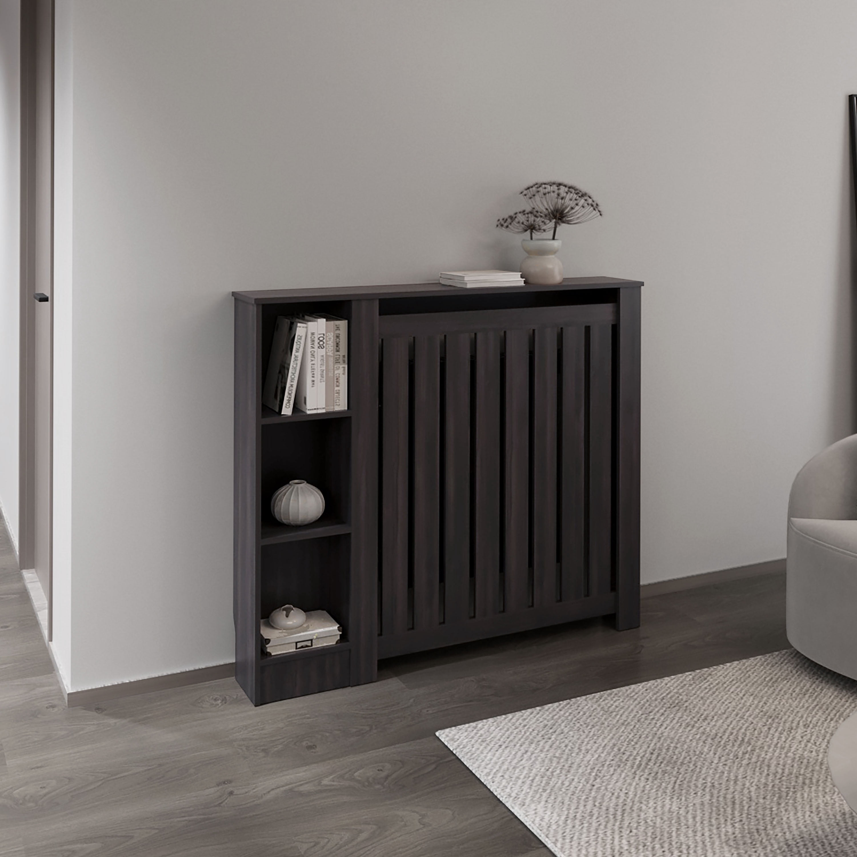 Radiator Cover with Slatted Frame and 3 Shelves, Decorative Heater Cover, Modern Furniture Accent for Living Rooms, Hallways, and Bedrooms