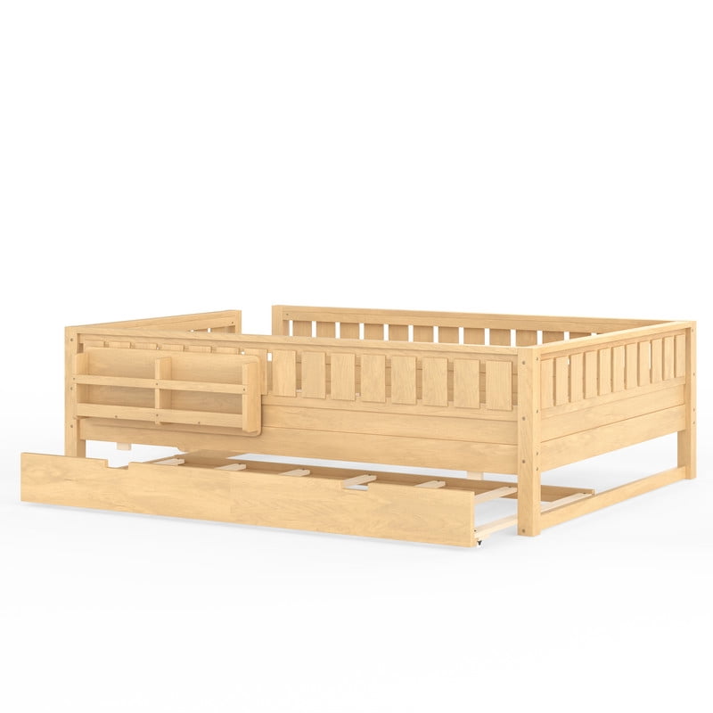 Queen Size Low-Profile Kid's Platform Bed with Built-in Bookshelves & Small Staircase, Wooden Bed Frame with Safety Rails & Trundle
