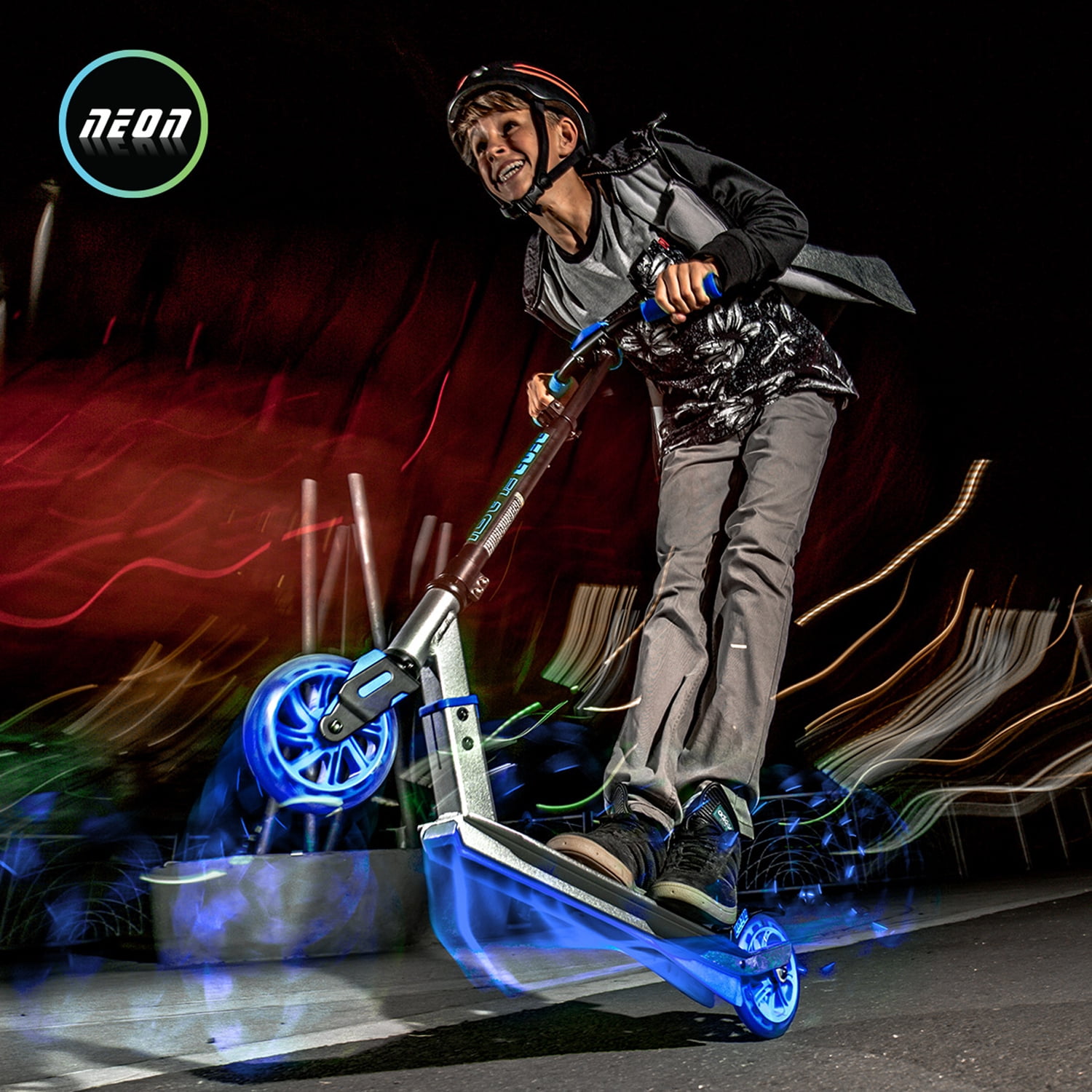 Neon Flash Kids Scooter with LED Lights Blue Light Up Deck & Wheels