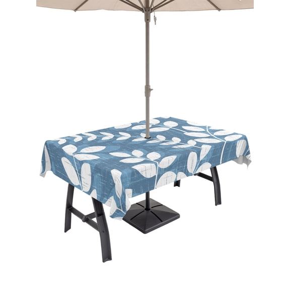Outdoor Tablecloths with Umbrella Hole & Zipper, Lake Blue Leaves 60 x102 Inch Rectangle Tablecloths, Farmhouse Botanical Branch Vintage Boho Leaf Waterproof Table Cloth, Patio Table Covers