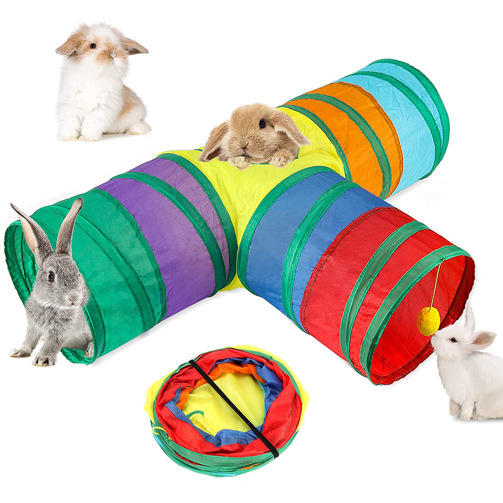 Tiibot 4 Packs Collapsible Rabbit Toys 3 Way Bunny Tunnel Chew Toys Large Bunny Hideout Tunnel Small Animal Activity Tunnel Toys for Rabbits Pig Ferret Guinea 