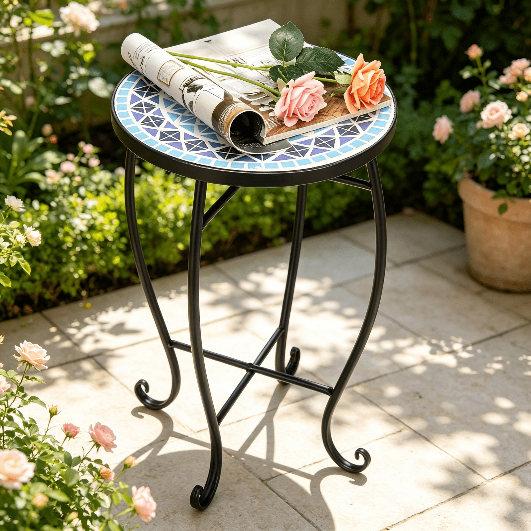 Round Terrace Bistro Table, Artisasset Inlaid With Diamond-Colored Sea Mosaics