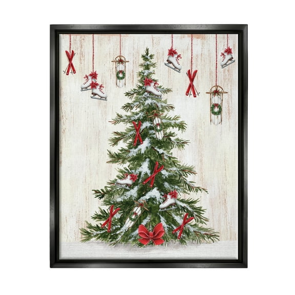Stupell Industries Ice Skates & Sleds on Tree Holiday Painting Black Floater Framed Canvas Art Print Wall Art, 17 x 21