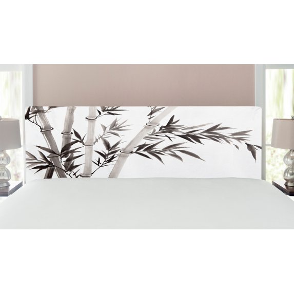 Bamboo Print Headboard, Traditional Bamboo Leaves Meaning Wisdom Growth Renewal Unleash Your Power Art, Upholstered Decorative Metal Bed Headboard with Memory Foam, King Size, Grey White, by Ambesonne