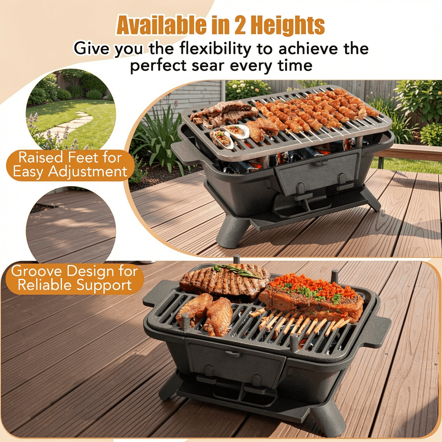 Biotree 100% Cast Iron Hibachi Charcoal Grill with Adjustable Height Grate and Grill Grate Lifter - Black