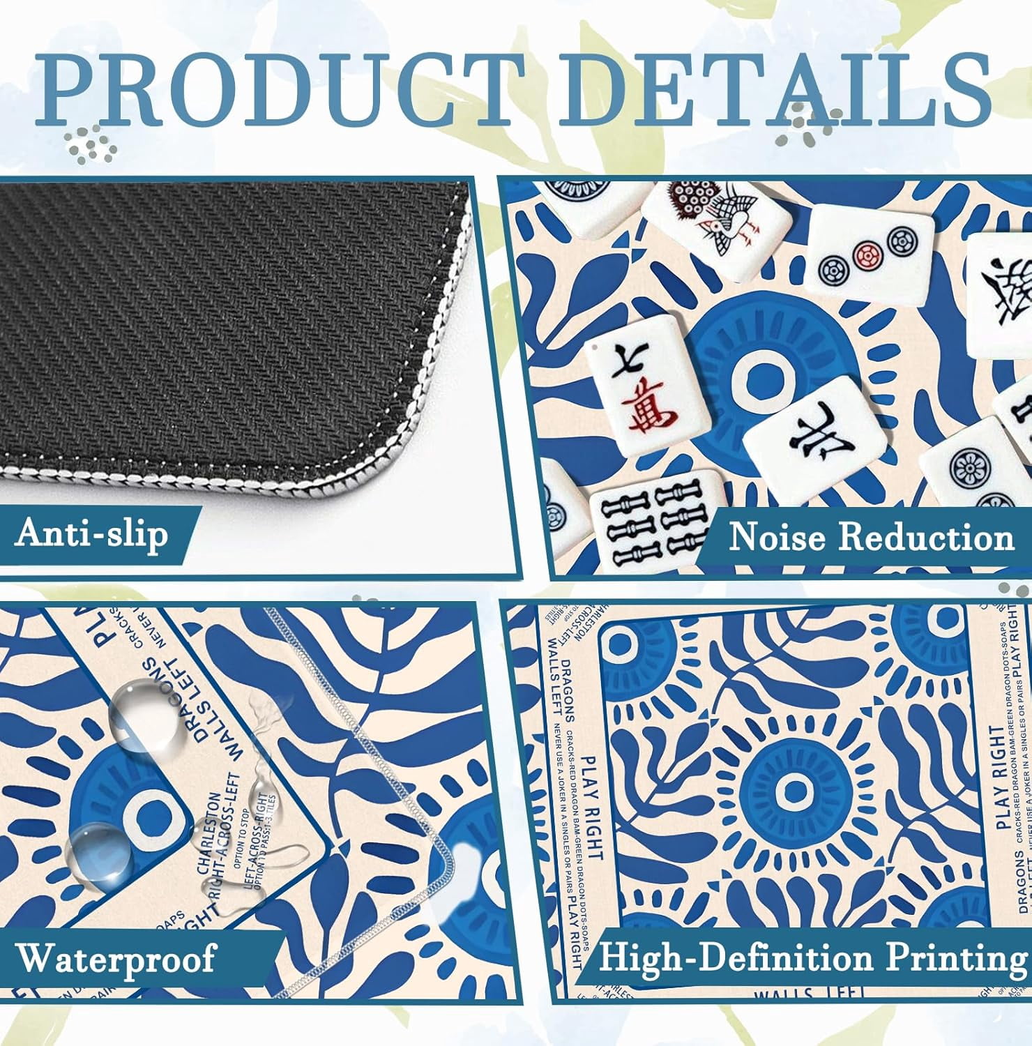 Boho Blue Mahjong Mat 31.5x31.5 Inch, Mediterranean Tiles Non-Slip and Noise Reduction Mah Jong Table Mat Cover Gifts for Mahjong Lovers Poker Board Games Dominoes