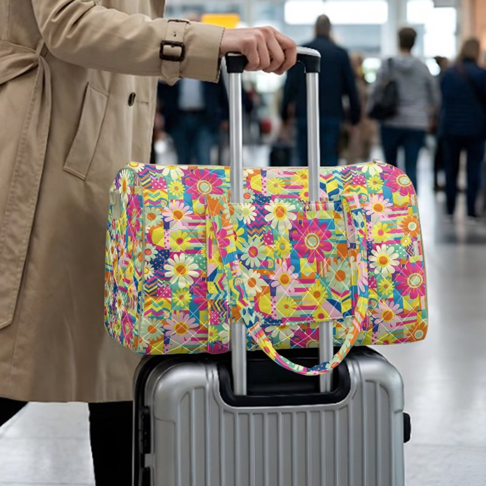 Garronmavis Large Quilted Duffle Bag for Women, Floral Pattern Weekender Bag Travel Overnight Bag, Carry On Gym Dance Tote with Zipper Pockets