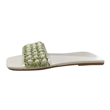 

HUPTTEW Ladies Fashion Transparent Rhinestone Pearl Decorative Square Open Toe Flat Slippers