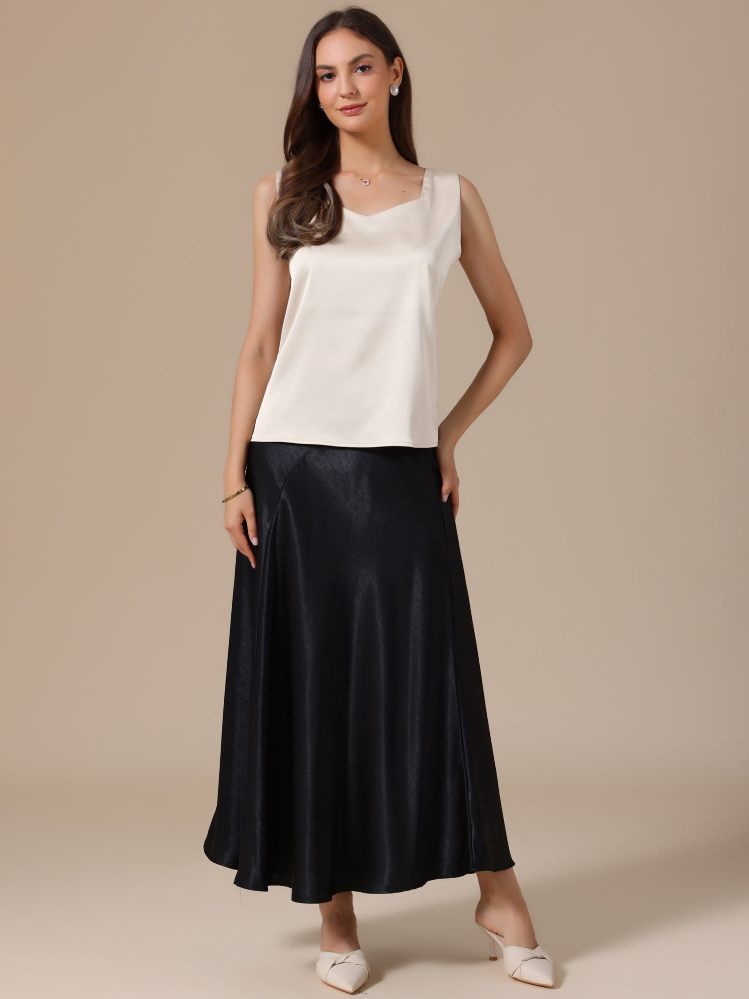 DARING DIVA Women's Satin Tank Tops V Neck Dressy Casual Sleeveless Silk Camisole Top M Champagne