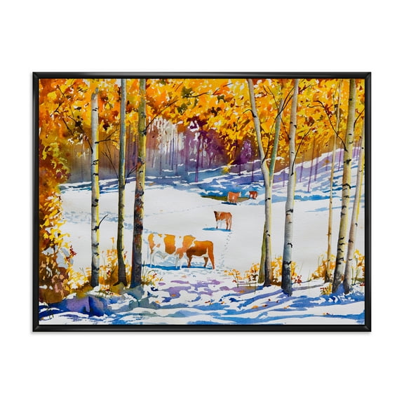 Designart 'Cattles In The Early Snow In The Tree Forest' Farmhouse Framed Canvas Wall Art Print
