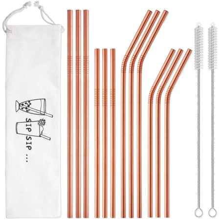 Hiware 12-Pack Rose Gold Metal Straws Reusable with Case - Stainless Steel Drinking