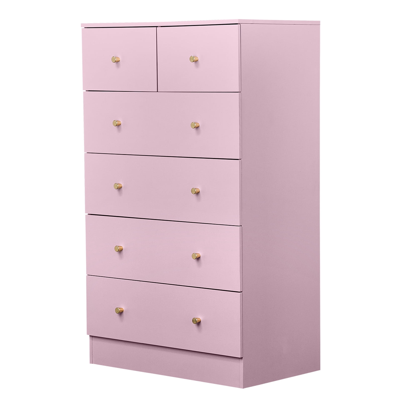 Macaroon 5 Drawer Cabinet, Matte Gold Handles Linen-Textured Particle Board Cabinet, Space-Saving Storage Organizer for Bedroom Home Office Living Area