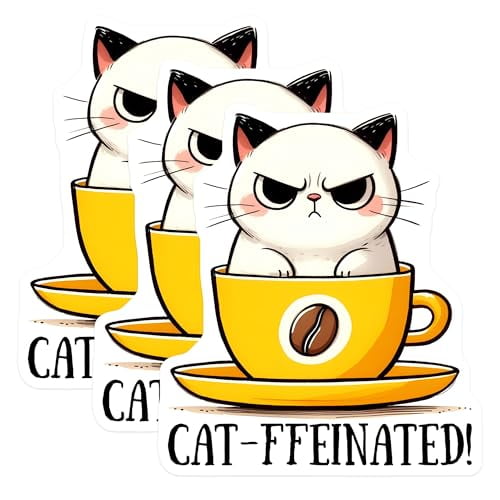 (3 Pack) Cat-ffeinated Decals - Grumpy Cat - Coffee Lover Stickers - 3 Inches On Longest Side - Easy Peel & Apply - Made in USA - 3MCS2073