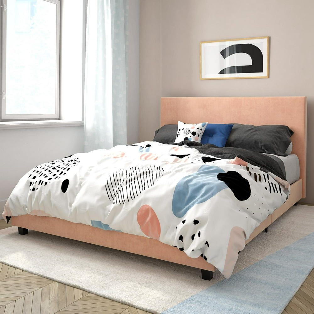 Mainstays Upholstered Bed, Queen Bed Frame, Blush Velvet