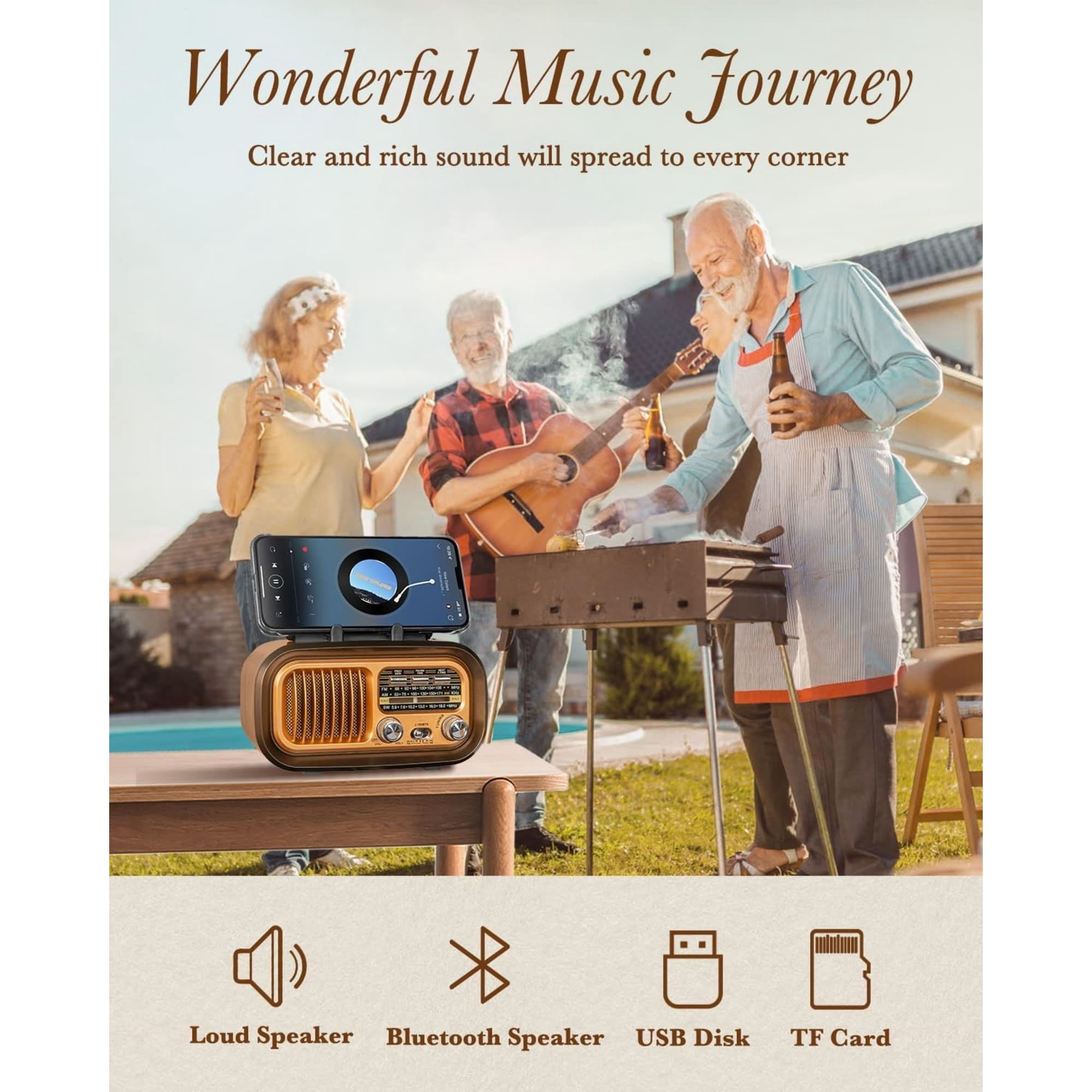 Portable Radio AM FM SW, Retro Bluetooth Personal Radios, Vintage Transistor Radios with Solar Battery Operated USB-C Rechargeable, TWS, Support TF Card/USB Playing for Senior,Middle-aged People,Kids