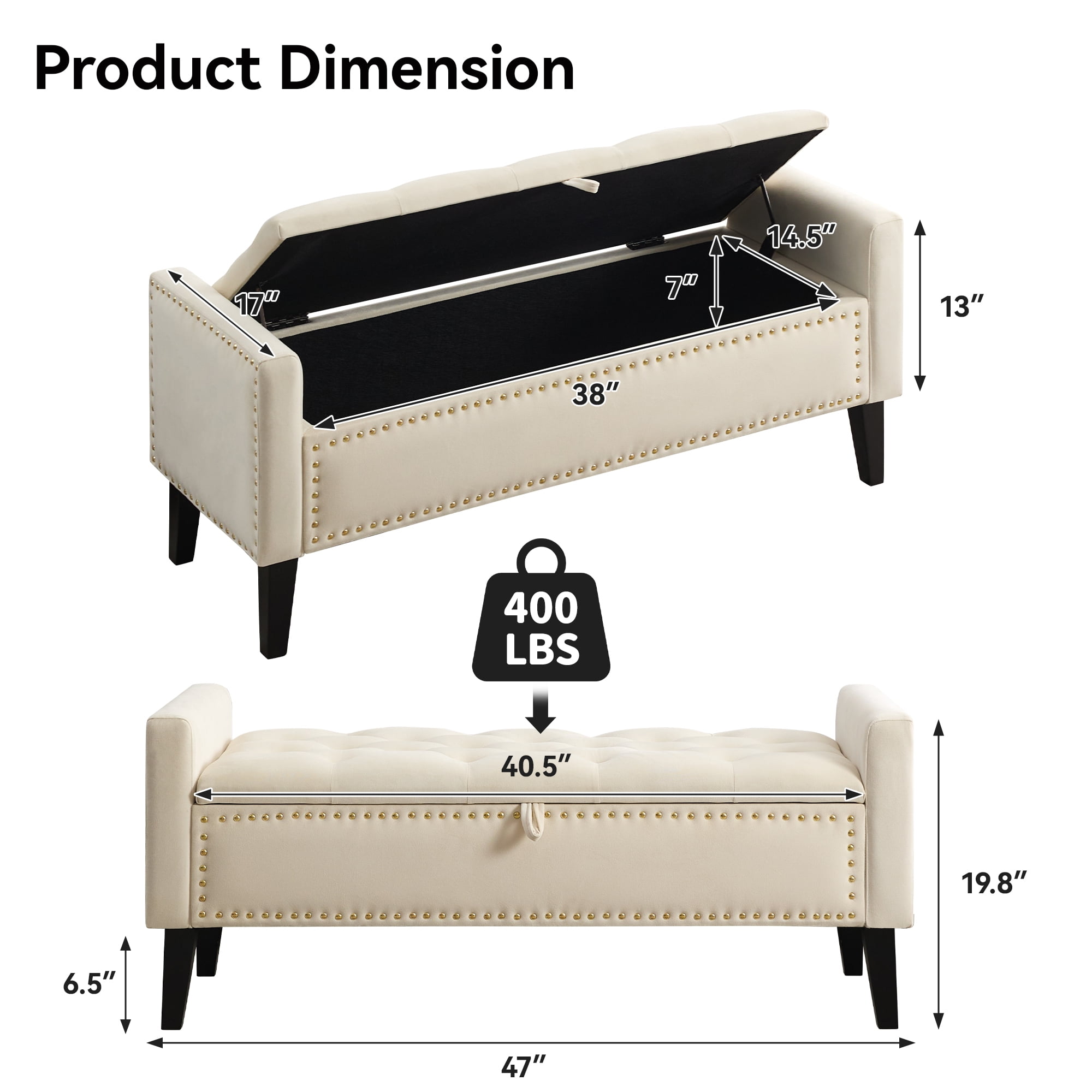 Velvet Storage Bench, Upholstered Bed Bench with Storage, End of Bed Ottoman with Wooden Legs,Bedside Storage Bench for Bedroom, Living Room, or Entryway, Beige