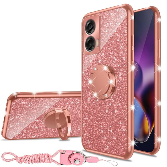 for Motorola Moto G Stylus 5G 2024 Phone Case with Ring Stand Lanyard Strap, Cute Glitter Girly Women Protection Shockproof 2-Layer Protective Cover - Rose Gold