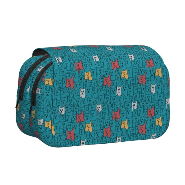 Disketp Funny Cat Blue Estuche de Lápices de Doble Capa con Tapa Abatible y Cremallera, Organizador Escolar para Adolescentes y Adultos