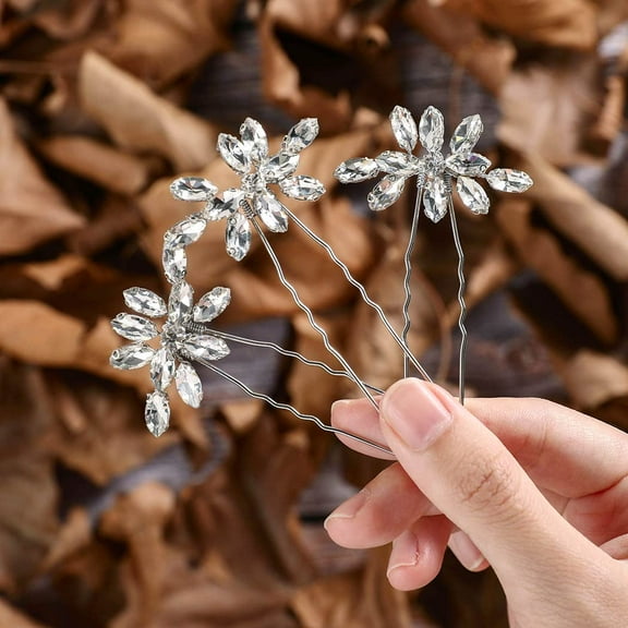 Flower Bride Wedding Hair Pins Silver Crystal Hair Clips Bridal Rhinestone Hair Piece Sparkle Bridesmaid Hair Accessories for Women and Girls (Pack of 3)