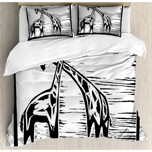 Giraffe Duvet Cover Set Queen Size, Woodcut Style African Endemic Animals Fauna Sketch Monochrome Pattern, Decorative 3 Piece Bedding Set with 2 Pillow Shams, Charcoal Grey and White, by Ambesonne