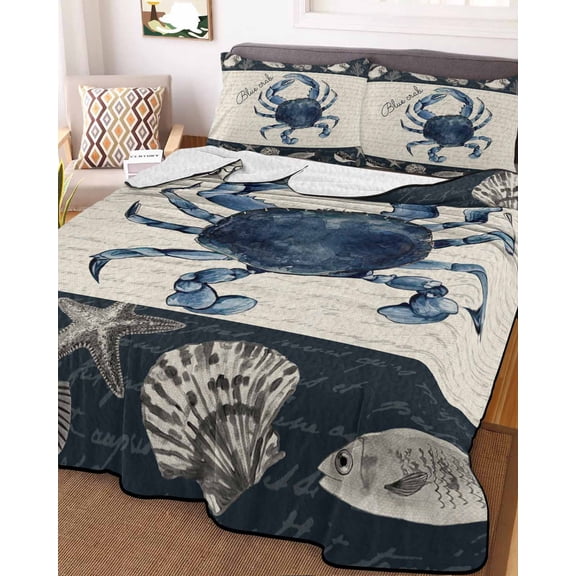 Coastal Crab King Size Down Alternative Comforter, Lightweight Comforter Quilt Bedding Set with Pillow Shams Nautical Ocean Beach Fish Starfish All Seasons Bed Comforter Duvet Insert 96"x106"