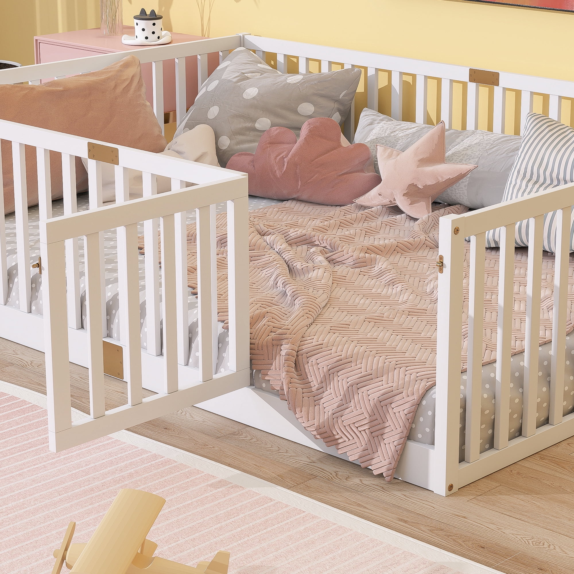 Full Size Rubber Wood Floor Bed with High Fence Railings and Revolving Door, White Safety Guardrails Kids Platform Bed with 6 Support Slats for Compact Bedroom