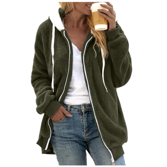 VISALY Womens Zip Up Hoodies Sweater Jacket Wool Color Long Sleeve Sweatershirt Hooded Pullover Warm Wool Plush Coat Zipper Top Casual Sweaters Fleece Hoodies Winter Sweaters Army Green L