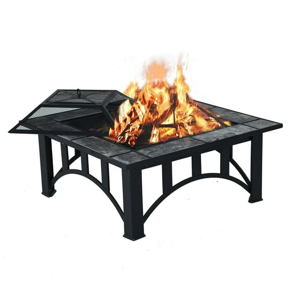 ACCVER 35" Square Wood Burning Fire Pit with Marble Tile Tabletop - Outdoor Fire Table for Patio, Backyard & Camping – Includes Spark Screen & Poker