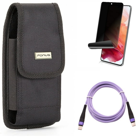 Purple 10ft PD Cable & Case Belt Clip & Privacy Screen Protector for Samsung Galaxy S22 (6.1") - Type-C to USB-C Fast Charger Cord & Swivel Holster & TPU Film Fingerprint Works Accessory Bundle