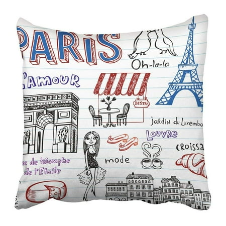 Paris Bistro Chairs WOPOP Arc Paris Doodles Triomphe Bench Bird Bistro Bread Chair Cheese Pillowcase Pillow Cover 18x18 inches ()