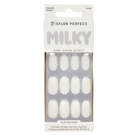 Salon Perfect Artificial Fake Press On Nails, 450 Milky White, Short Square, File, Glue and Prep Pad Included, 30 Nails