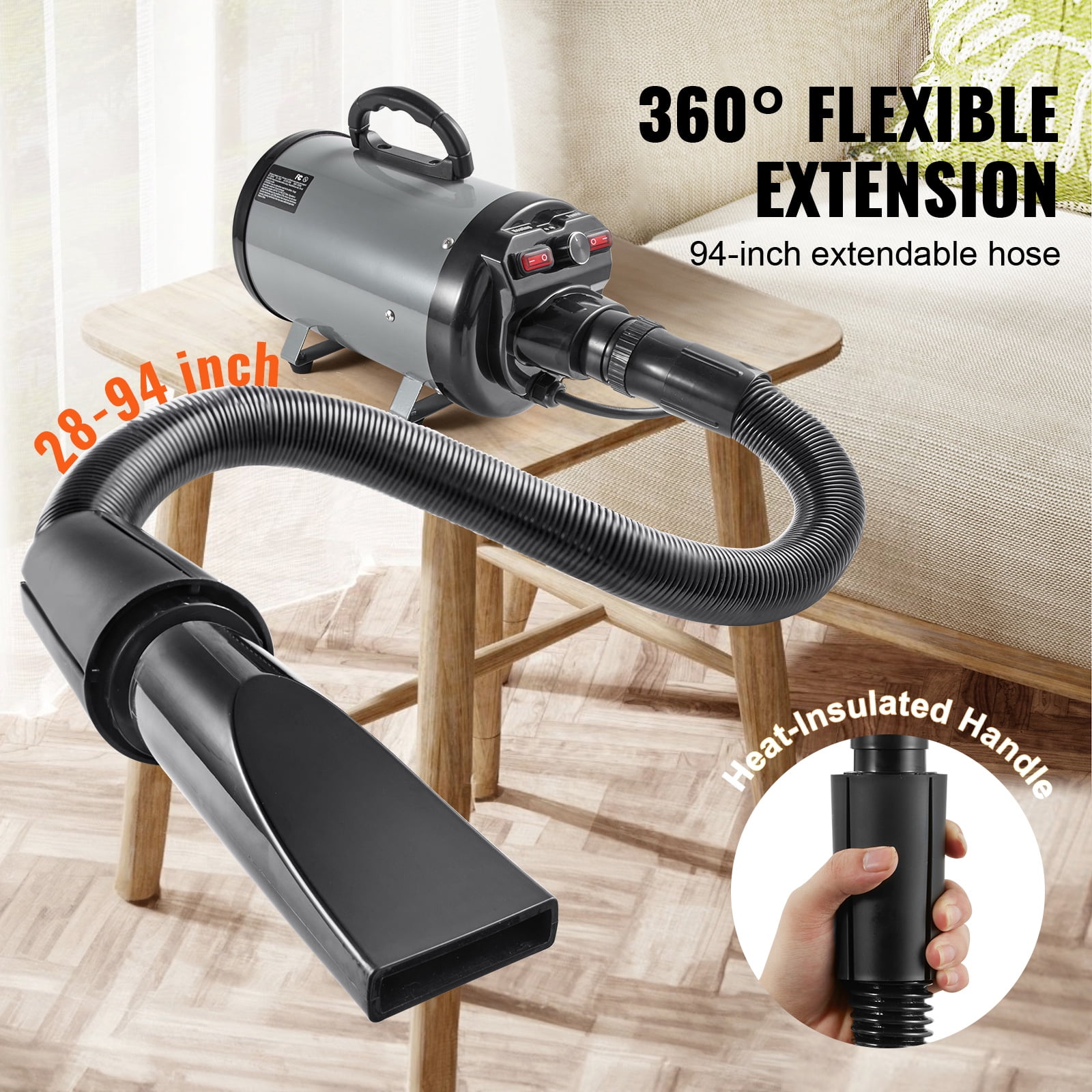 BENTISM Dog Dryer, 2000W Pet Hair Force Dryer Grooming Blower with Adjustable Speed and Temperature Control with 4 Different Nozzles Extendable Hose, Grey