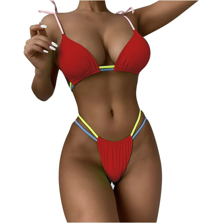 CZHJS Women's Thong Bikini Clearance Solid Color Two Piece Bathing Suits  Summer Beach Outfit Sexy Lace up Cheeky Push-up Swimwear Swimsuit for Women