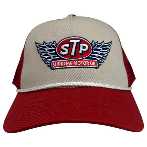 STP Supreme Motor Oil Men's Trucker Hat Embroidered Wings Logo Snapback Cap (Red/Beige)