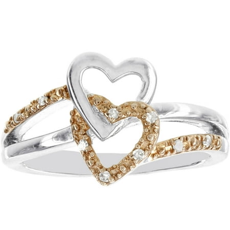 Diamond Accented Sterling Silver Rose-Plated Double-Heart Promise Ring