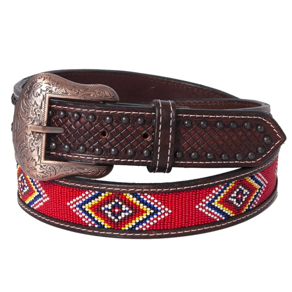 BAR H EQUINE Red Beaded Black Crystal Hand Carved Western Leather Belt Antique Brown