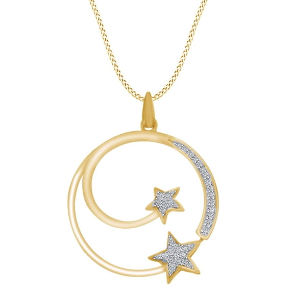 AFFY 1/6 Carat Round White Natural Diamond Two Tone Double Star Pendant Necklace In Sterling Silver (0.16Cttw)
