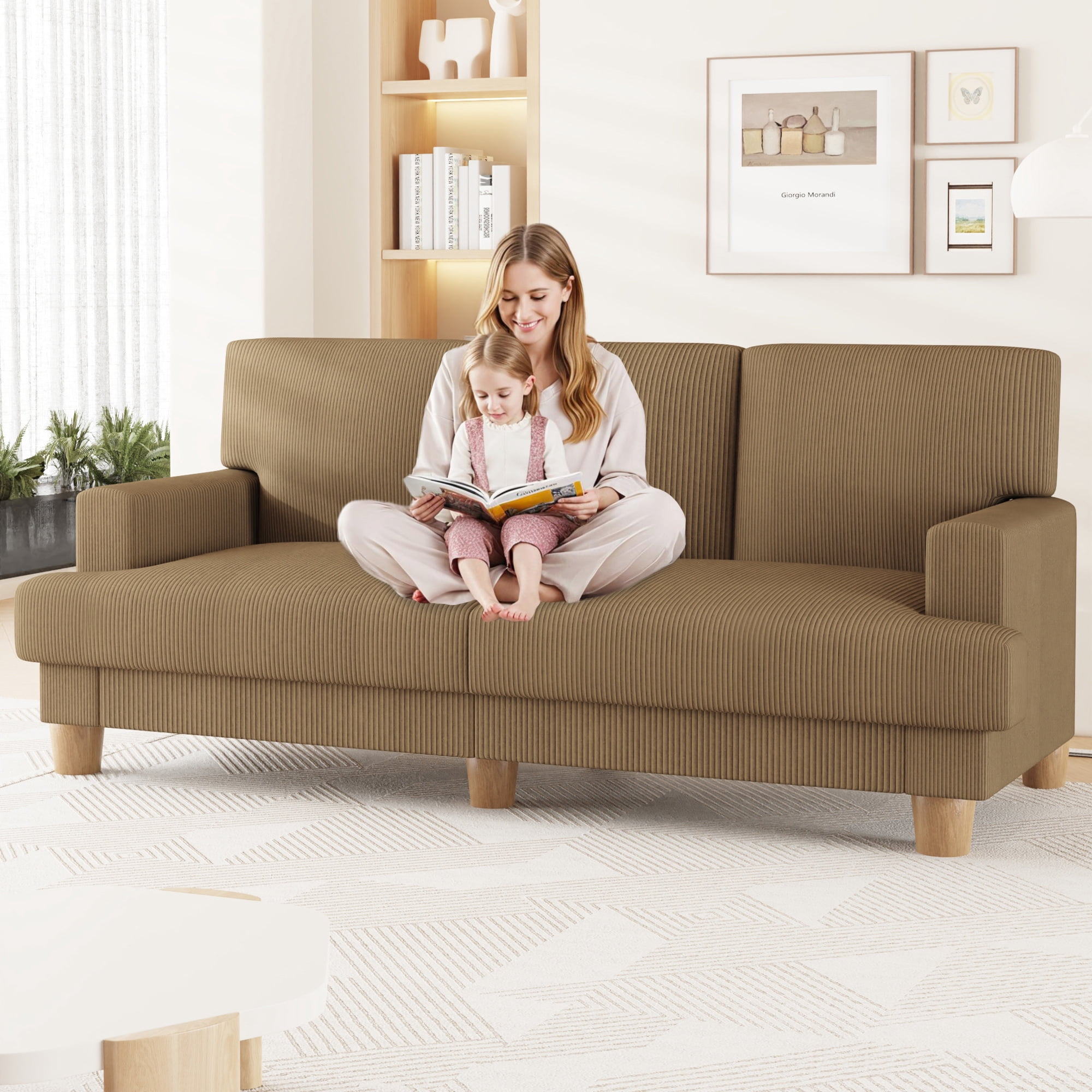 AAQZ 87" Corduroy Sofa Couch for Living Room, 3 Seater Deep Seat Comfy Couch in a Box, 2 Cushions, 2 Pillows Tool-Free Setup,Brown
