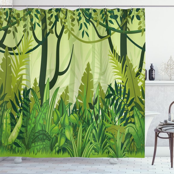 Ambesonne Plant Shower Curtain, Cartoon Rainforest, 69"Wx84"L, Forest Green