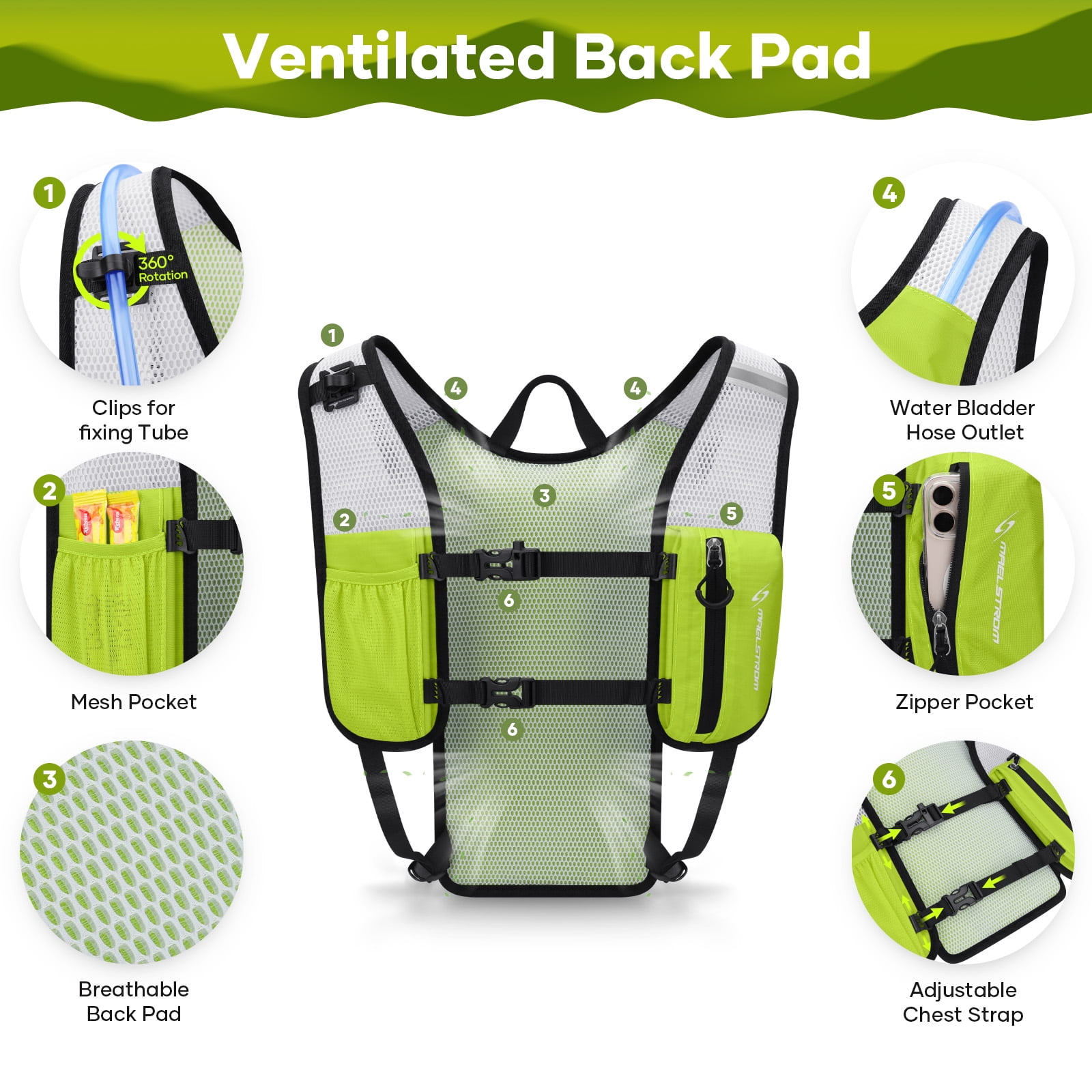 Maelstrom Running Hydration Vest, Hiking Backpack with 2L Water Bladder for Cycling Rave for Men Women