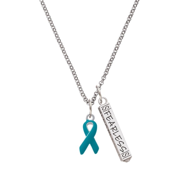 Delight Jewelry Silvertone Teal Ribbon Silvertone Fearless Bar Charm Necklace, 23"