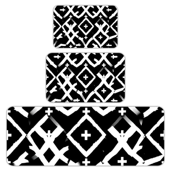 RKSupls Kitchen Rug Set 3 Piece Anti-Slip Flannel Floor Mats, Black White Geometric Washable Absorbent Runner Mats for Kitchen Bathroom Home Decor