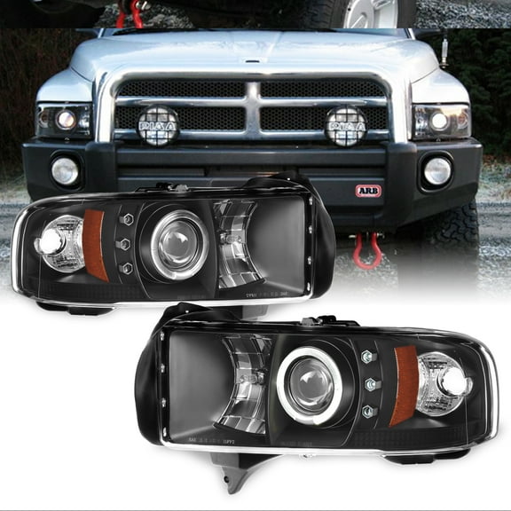 AKKON - For Dodge Ram 1500/2500/3500 Pickup Black Dual Halo Ring LED Projector Replacement Headlights Left/Right