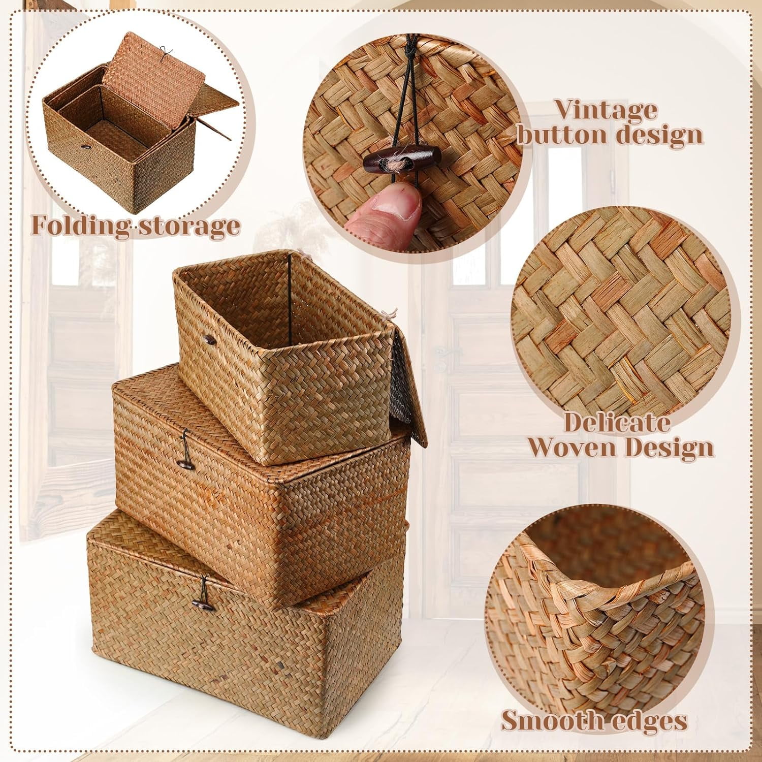 PandaTop Wicker Storage Baskets with Lids, Set of 3 Rattan Storage Baskets for Organizing, Woven Large Rectangular Basket Boxes, Basket with Lid , Decorative Chest Organizer,Natural Desktop Basket