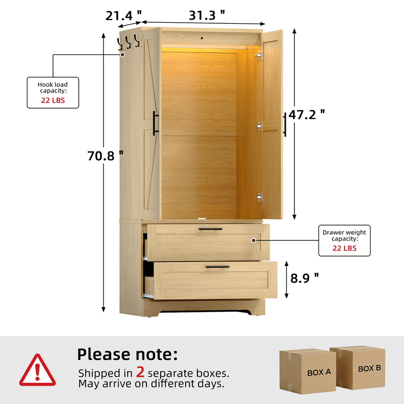Lacoo Beige Wardrobe Armoire, 70.8 in, 2 Drawers, Motion-Sensor Light