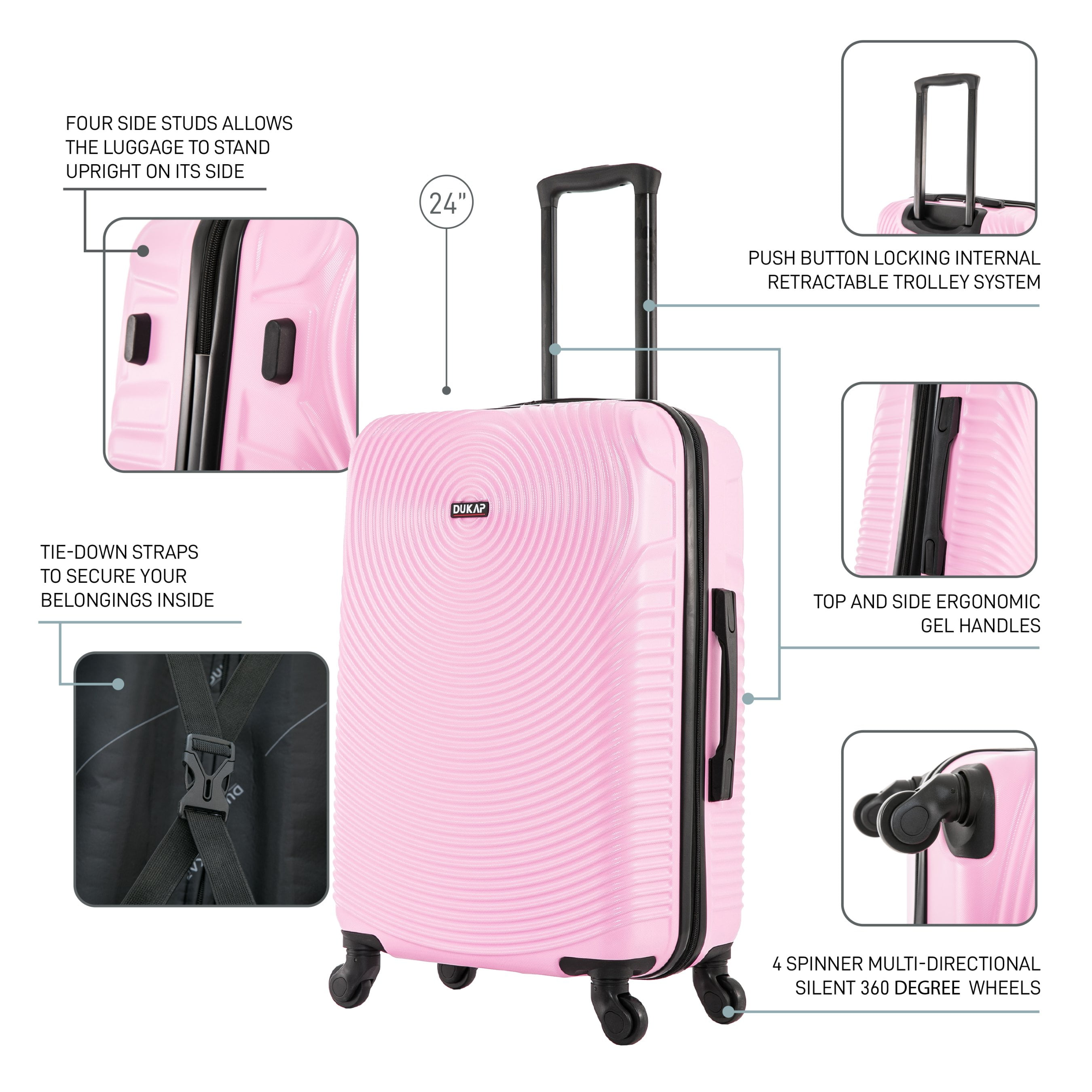 DUKAP Inception 24" Hardside Lightweight Luggage with Spinner Wheels, Handle and Trolley, Pink